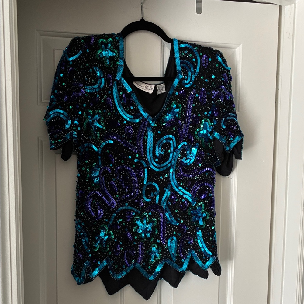Laurence Kazar Black and Teal Sequin Blouse